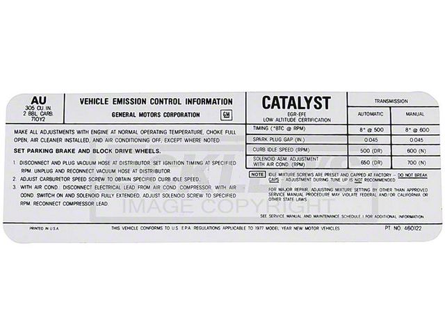 El Camino Emission Decal, 305 c.i. 2 Barrel 5.0 , Automatic Or Manual Transmission, Code AU, 1977