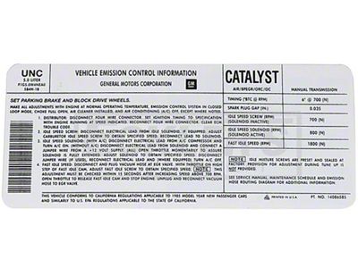 El Camino Emission Decal, 305 c.i 5.0 Automatic Transmission, California Code UNL, 1985