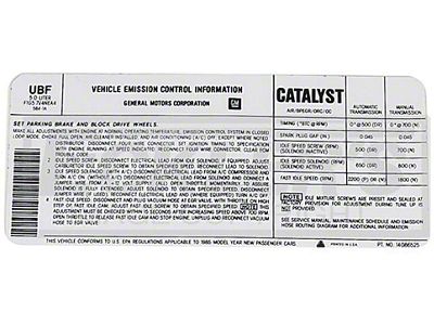 El Camino Emission Decal, 305 c.i. 5.0 Automatic Transmission, Code UBF, 1985