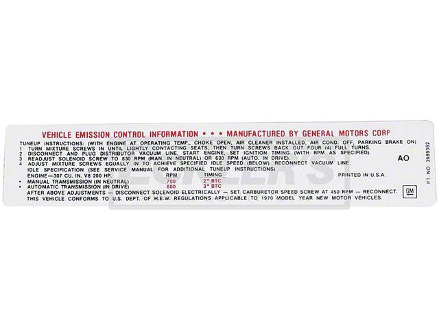 El Camino Emission Decal, 307 c.i. 200Hp, Automatic Or Manual Transmission, Code AQ, 1970