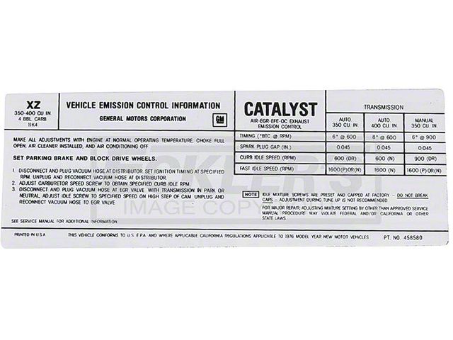 El Camino Emission Decal, 350-400 c.i. 4 Barrel, AutomaticOr Manual Transmission, Code XZ, 1976