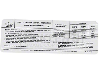 El Camino Emission Decal, 350-400 c.i. 4 Barrel, Manual Transmission Or California With Automatic, Code AT, 1975