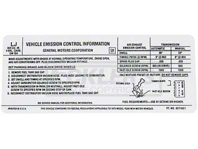 El Camino Emission Decal, 350 c.i. 4 Barrel, Automatic Or Manual Transmission, Code LJ, 1972