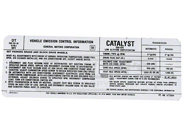 El Camino Emission Decal, 350 c.i, 5.7 Automatic Or Manual Transmission, Code DT, 1978