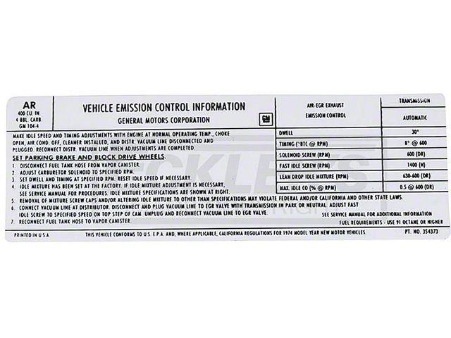 El Camino Emission Decal, 400 c.i. 4 Barrel, California Emissions, Automatic Transmission, Code AR, 1974