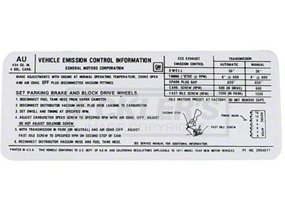 El Camino Emission Decal, 454 c.i. 4 Barrel 365Hp, Automatic Or Manual Transmission, Code AU, 1971