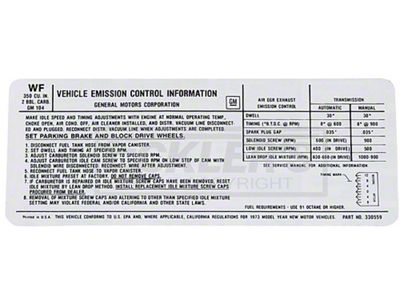 El Camino Emission Decals 350 c.i. 2 Barrel, Automatic Or Manual Transmission, Code WF, 1973