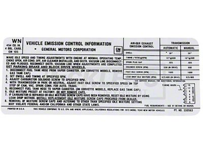 El Camino Emission Decals 454 c.i. 4 Barrel, Automatic Or Manual Transmission, Code WN, 1973