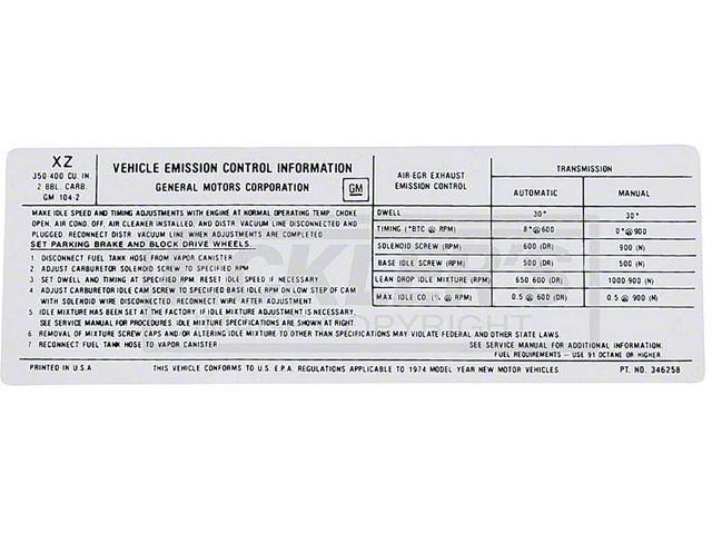 El Camino Emissions Decal, 350-400 c.i. 2 Barrel, AutomaticOr Manual Transmission, Code XZ, 1974