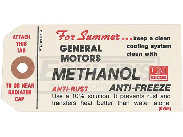 El Camino Engine Compartment Methanol Antifreeze Tag, 1959-1960