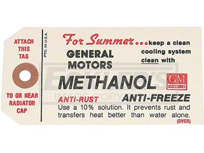 El Camino Engine Compartment Methanol Antifreeze Tag, 1959-1960