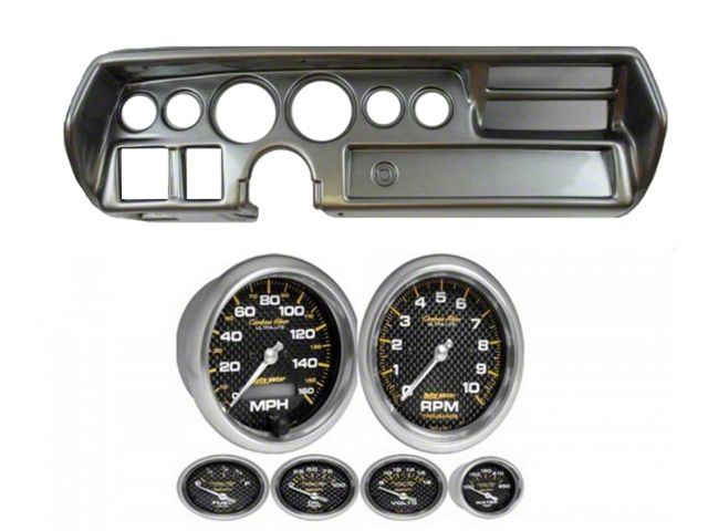 El Camino Instrument Cluster Panel, Sweep Style, Aluminum Finish, With Carbon Fiber Series Gauges, 1970-72