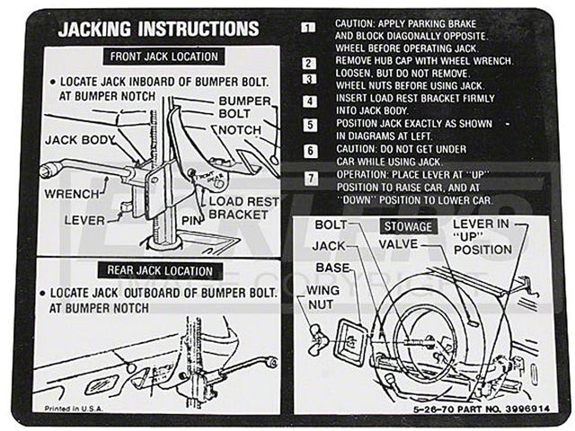 El Camino Jacking Instruction Decal, El Camino And GMC, 1971