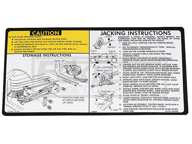 Jacking Instruction Decal,El Camino/GMC,81-87