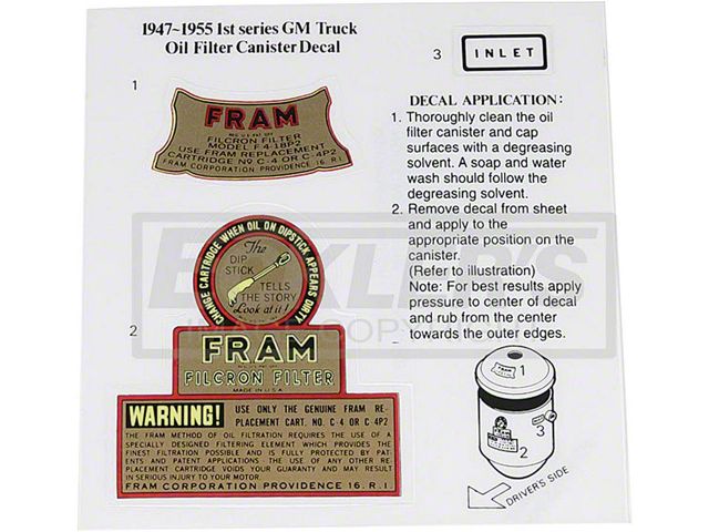 El Camino Oil Filter Canister Decal, Fram Filcron, 1959-1964