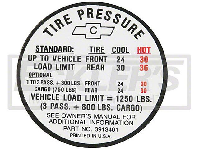 El Camino Tire Pressure Decal, 1967