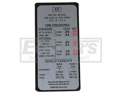 El Camino Tire Pressure Decal, Without 396, 1969