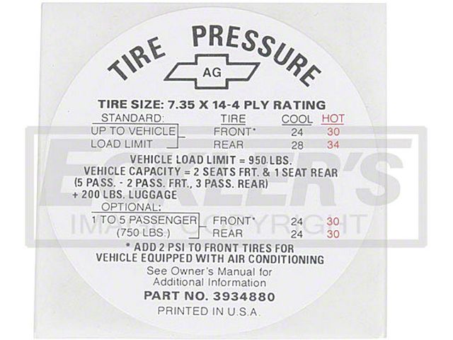 El Camino Tire Pressure Decal, Without Air & 396, 1967