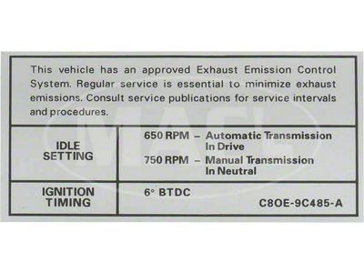 Emission Decal, 289/302/390, Falcon, Fairlane, Ranchero, Torino, 1968