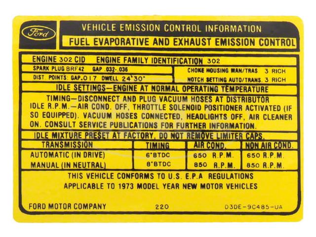 Emission Decal, 302-2V AT/MT, Montego, 1973