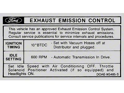 Emission Decal - 351 2-Barrel - Automatic Transmission - DOAE-9G485-S - From 10-1-70 - Ford