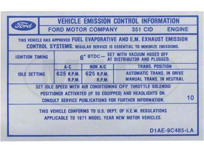 Emission Decal, 351-2V AT/MT, Montego, 1971