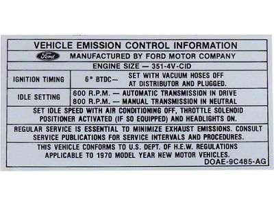 Emission Decal, 351-4V AT/MT After 1/1 , Galaxie, 1970