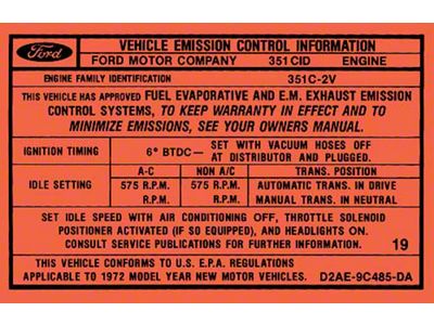 Emission Decal - 351C 2-Barrel - Automatic Transmission - Before 1-1-72 - Ford
