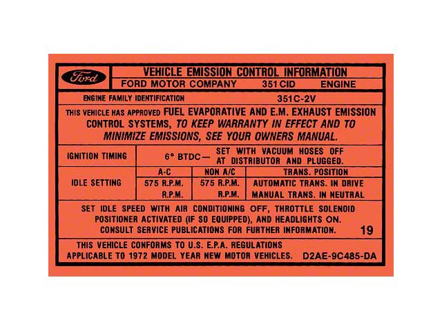 Emission Decal - 351C 2-Barrel - Automatic Transmission - Before 1-1-72 - Ford