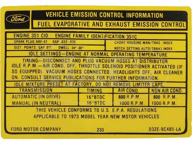 Emission Decal, 351C-4V AT/MT Early, Montego, 1973