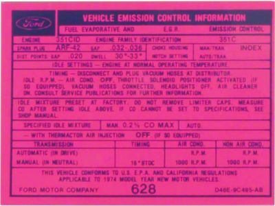 Emission Decal, 351C-4V California, Ranchero, Torino, 1974