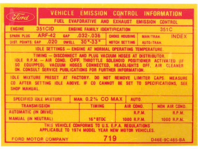 Emission Decal, 351C-4V, Ranchero, Torino, 1974