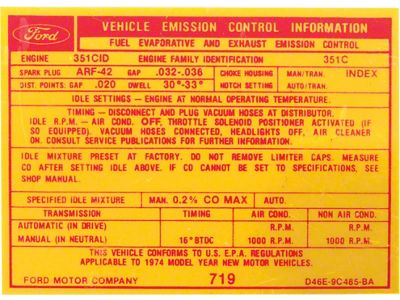 Emission Decal, 351C-4V, Ranchero, Torino, 1974
