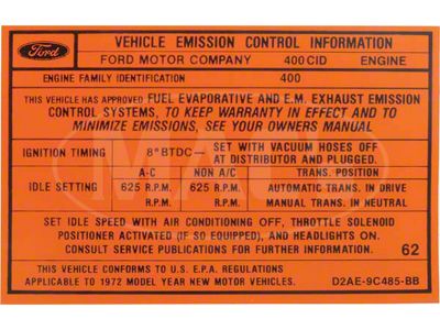 Emission Decal, 400-2V AT, Galaxie, 1972