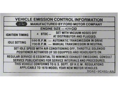 Emission Decal - 429 2-Barrel - Automatic Transmission - DOAE-9C485-N - Mercury