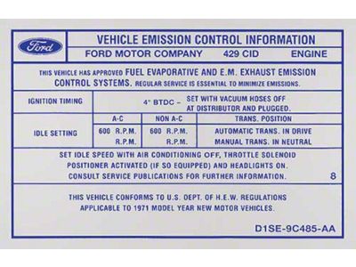 Emission Decal - 429 4-Barrel - Automatic Transmission - D1SE-9C485-AA - Mercury