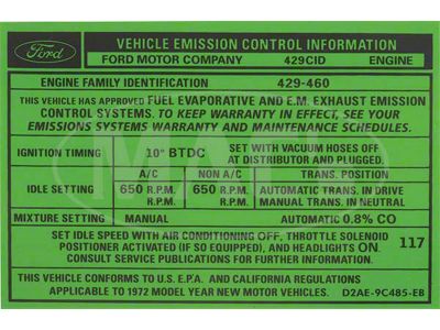 Emission Decal, 429 AT, Galaxie, Ranchero, Torino, 1972