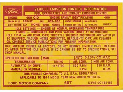 Emission Decal, 460-4V AT, Ranchero, Torino, 1974