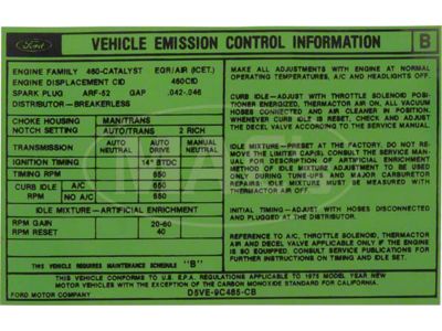 Emission Decal, 460 PI AT, Ranchero, Torino, 1975