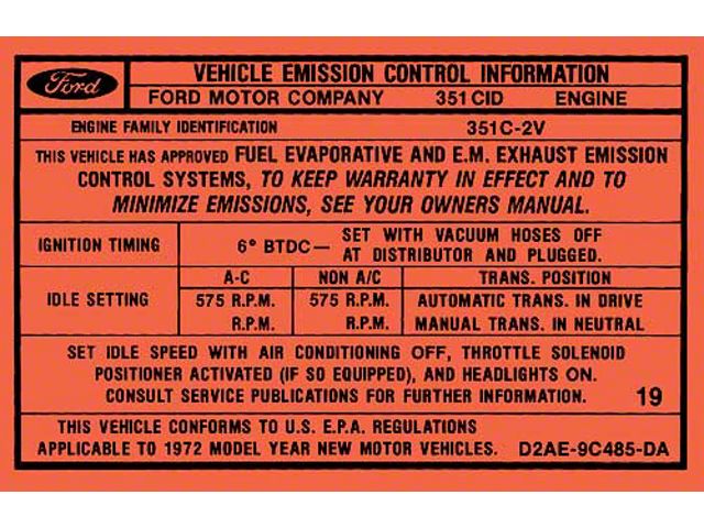 352 Engine Sticker Locations Ecklers Emmissions Decal/ 351-2v A/t Before 1-1-72/ 72 Ford