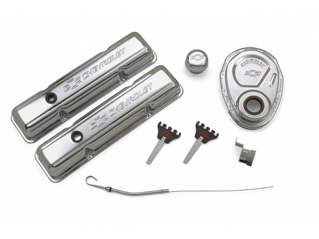Engine Dress-Up Kit; Chrome with Stamped Chevy Logo; Fits SB Block Chevy Engines