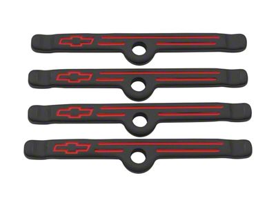 Engine Valve Cover Holdown Clamps; Black Crinkle w/Bowtie Logo; SB Chevy; 4 Pcs