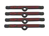 Engine Valve Cover Holdown Clamps; Black Crinkle w/Bowtie Logo; SB Chevy; 4 Pcs