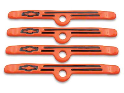 Engine Valve Cover Holdown Clamps; Orange with Black Bowtie Logo; SB Chevy; 4 Pc