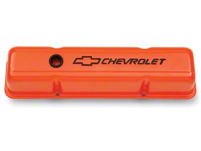 Engine Valve Covers; Stamped Steel; Tall; Orange w/ Bowtie Logo; Fits SB Chevy