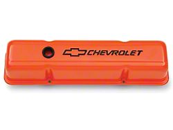 Engine Valve Covers; Stamped Steel; Tall; Orange w/ Bowtie Logo; Fits SB Chevy