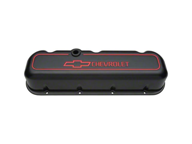 Engine Valve Covers; Tall Style; Die Cast; Black with Bowtie Logo; BB Chevy