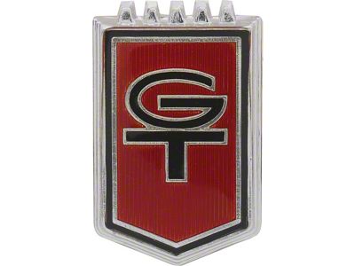 Fender Nameplate - GT - Chrome With Black GT On Red Background - 390 V8 With 3 Speed Or 4 Speed Manual Transmission