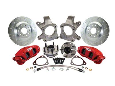 Corvette Style Front Disc Brake Spindle Wheel Kit with C7 Hubs and 2-Inch Drop Spindles; Red Calipers (67-69 Firebird)