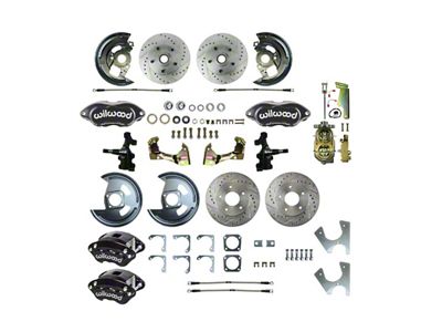 The Right Stuff Detailing Performance Series 2-Inch Drop 4-Wheel Disc Brake Conversion Kit with Original Brake Booster/Master Cylinder; Black Calipers (68-69 Firebird w/ Staggered Shocks)